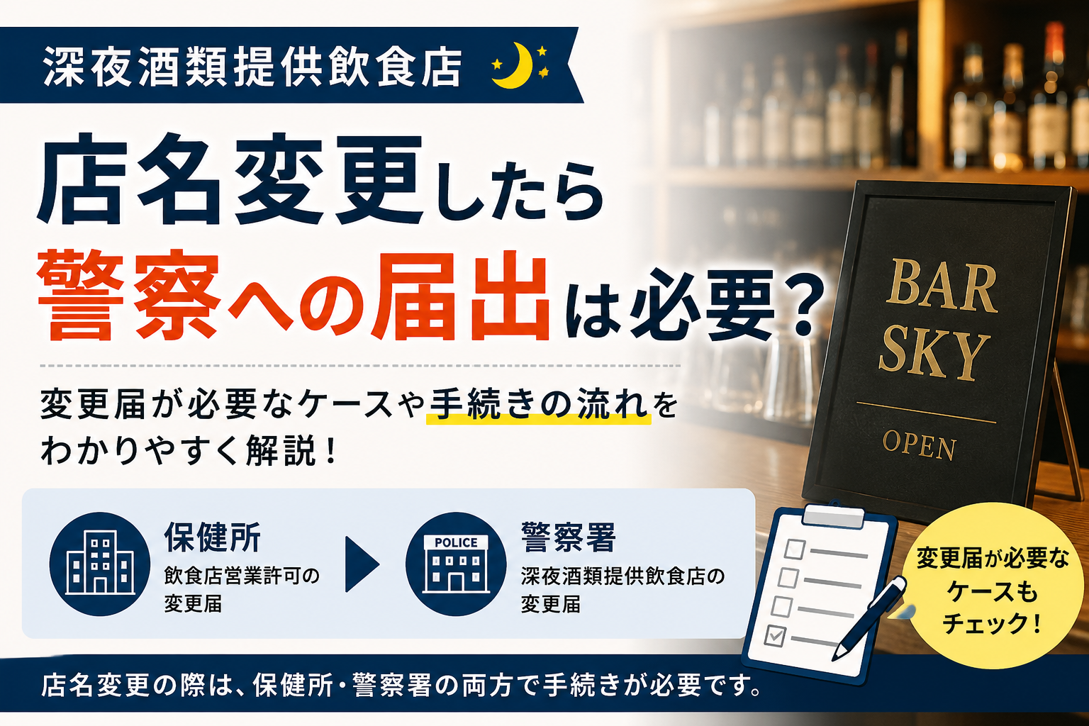 深夜酒類提供飲食店|店名変更したら警察への届出は必要?